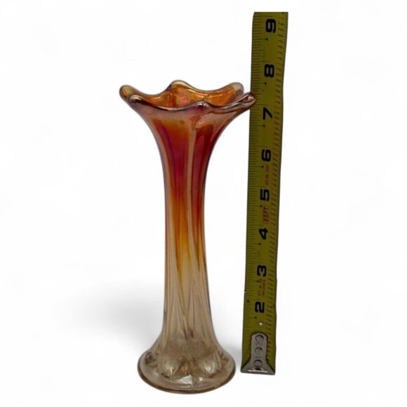 Antique Carnival Glass Bud Vase Iridescent Marigold 7.5" Tall Swirl Design - Picture 2 of 5